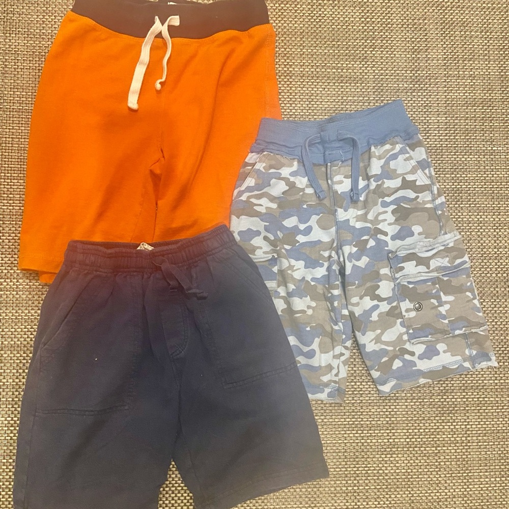 3 pairs Size Small (5/6) Knit Sport Shorts - Orange, Navy, and Blue Camo